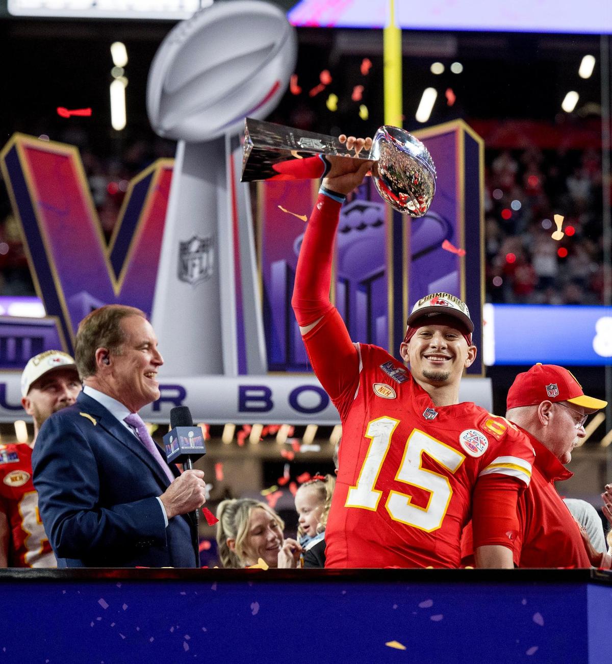 Kansas City Chiefs quarterback Patrick Mahomes (15) hoists the Lombardi Trophy after the Chiefs defeated the San Francisco 49ers in overtime 25-22 in Super Bowl LVIII on Sunday, Feb. 11, 2024, in Las Vegas.