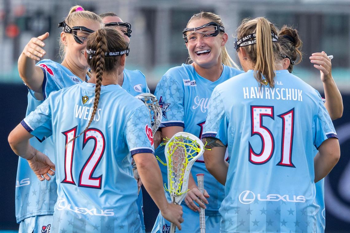 Team North celebrates a first-quarter goal during the Maybelline Women’s Lacrosse League All-Star Game against Team North at CPKC Stadium on Friday, July 4, 2025, in Kansas City.