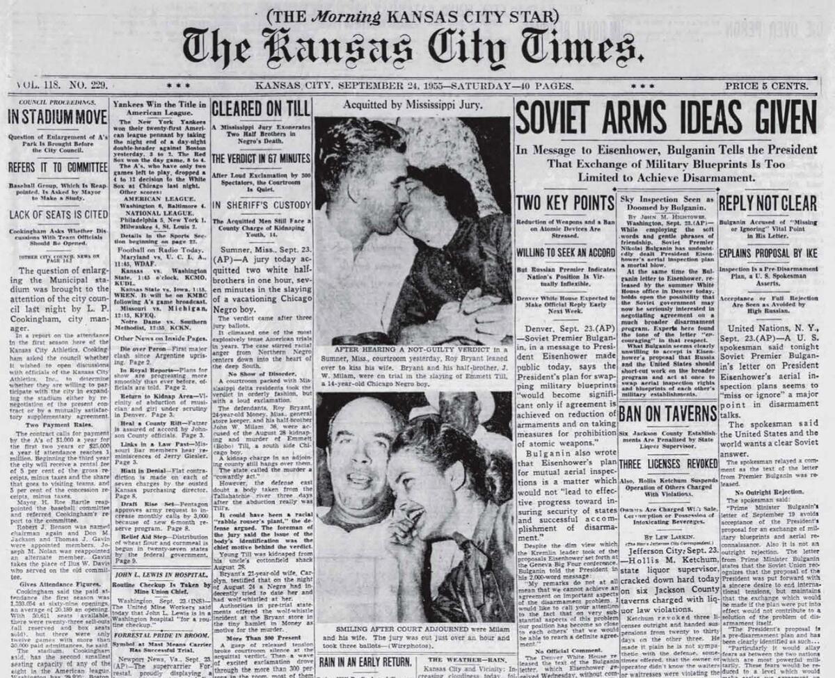 In September 1955, when Roy Bryant and John Milam were acquitted in the murder of Emmett Till in Mississippi, The Times ran front-page photos of both men celebrating the verdict with their wives. No photos of Till or his family were published