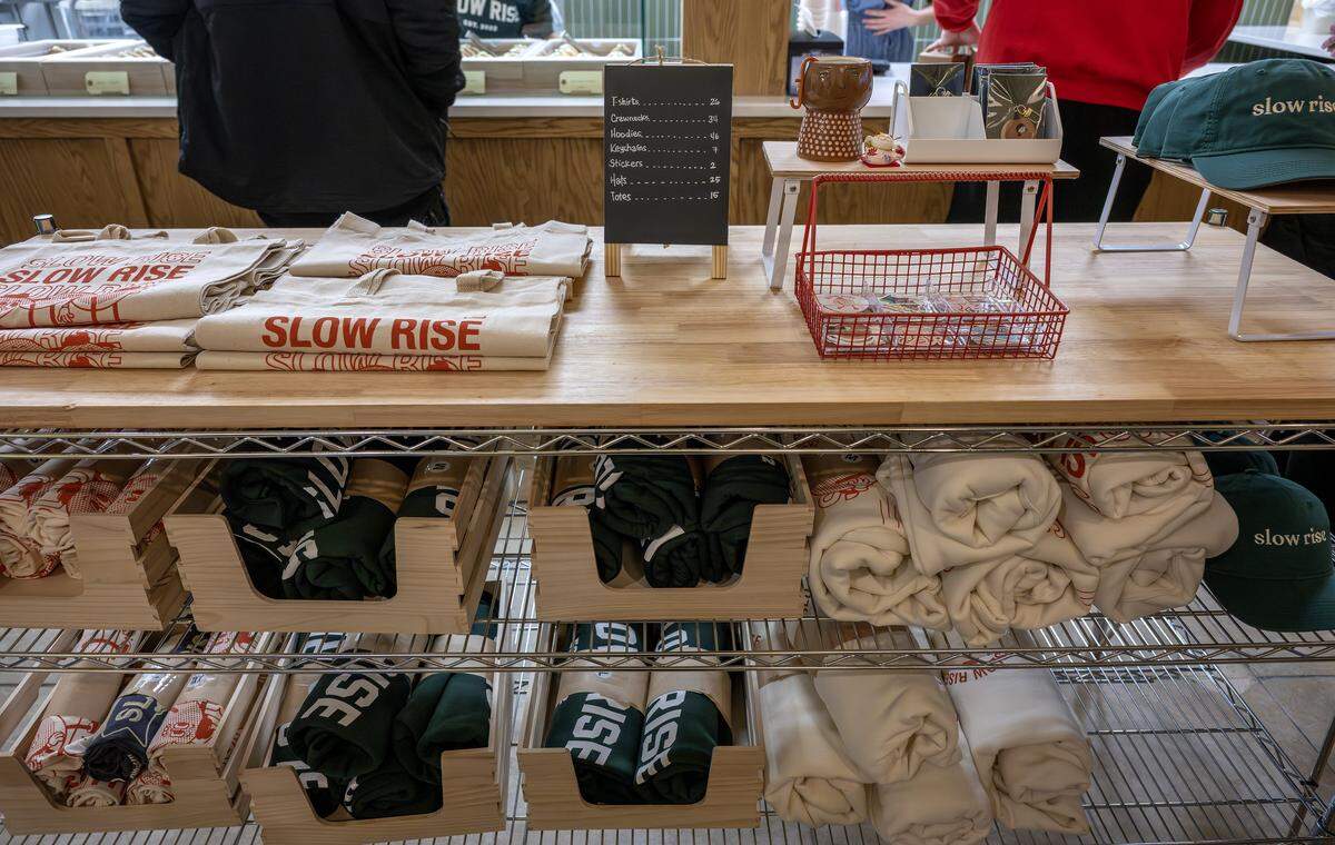 Merchandise is displayed on shelves at Slow Rise on Friday, Jan. 23, 2026, in Overland Park.