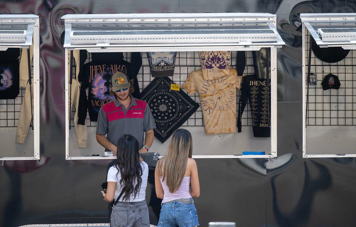 Fans of Jhené Aiko checked out the merch for sale outside of the T-Mobile Center on Monday, Aug. 19, 2024, before the R& B singers’ concert in Kansas City.