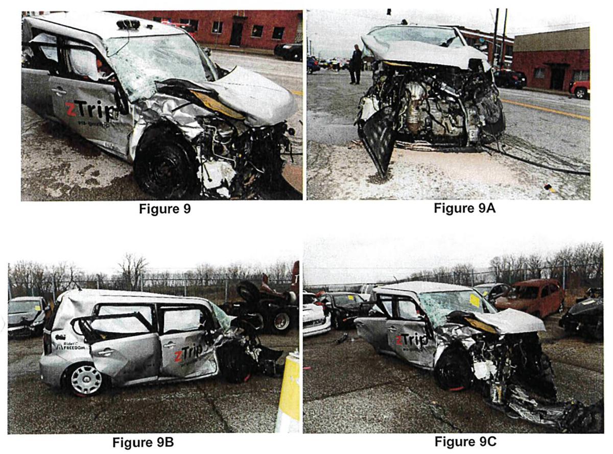 Photos included in a police report show damage to a taxi that was hit by a car fleeing from Kansas City police in 2022. A woman in the taxi died.