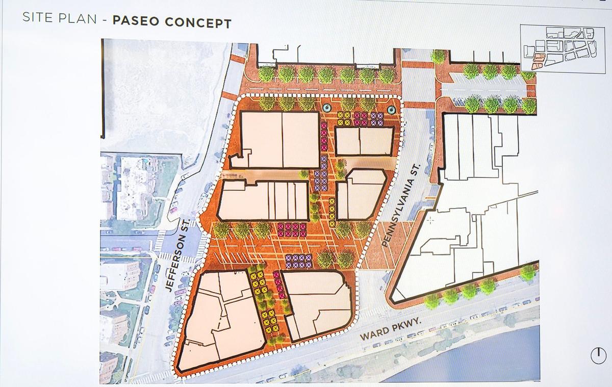 A map of the proposed “Paseo District” on the southwest side of the Country Club Plaza shows retail space removed for a new pedestrian walkway between W. 48th St. (middle) and Nichols Road (top). A parking area between the Granfalloon and Gram & Dun (bottom) may also becomes an area for dining and strolling.