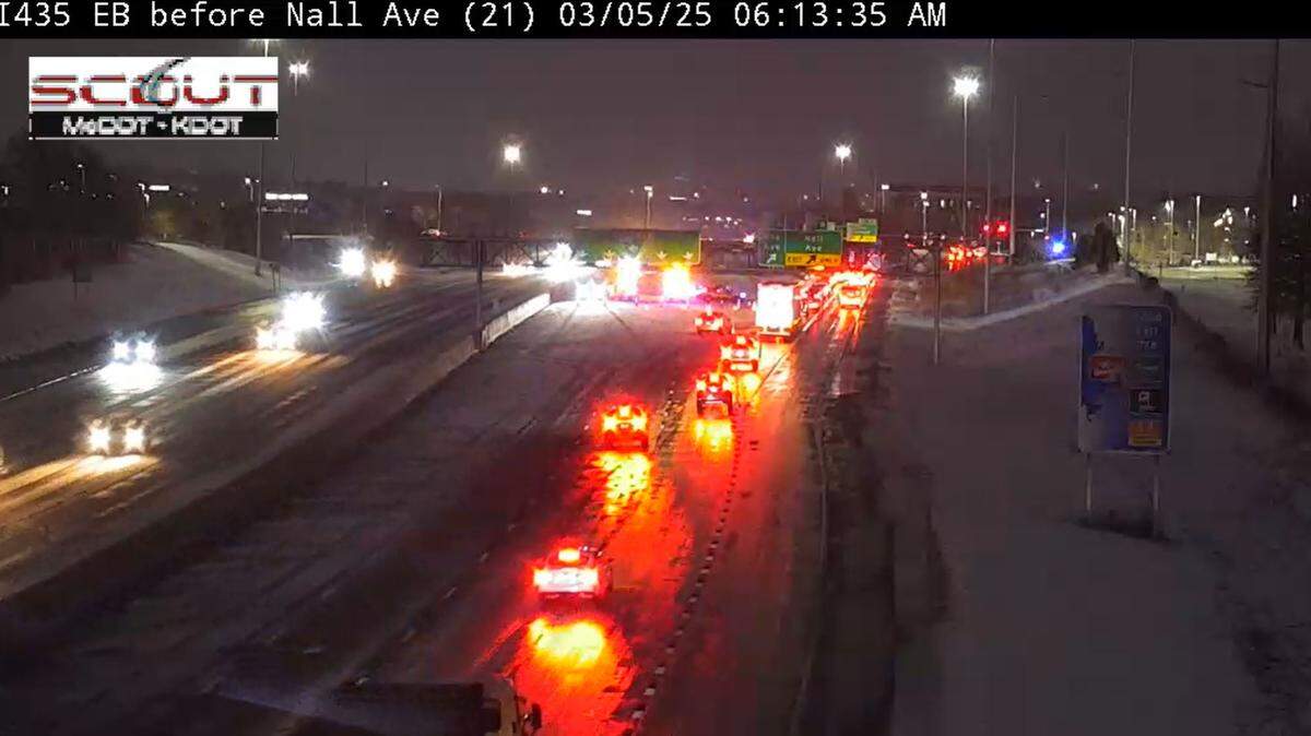 Eastbound Interstate 435 traffic was being forced off at Roe Avenue after a semi-truck struck a downed power line over the highway in Overland Park. Westbound lanes initially were closed, but reopened shortly before 5:30 a.m. Wednesday after Evergy crews cleared the interstate. The eastbound lanes remained closed.