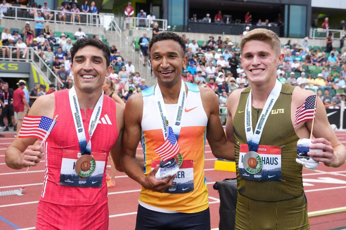 Men's 800m medalists Bryce Hoppel (left), Donavan Brazier (center) and Cooper Lutkenhaus (bronze) during the USATF Championships at Hayward Field on Aug. 3, 2025.