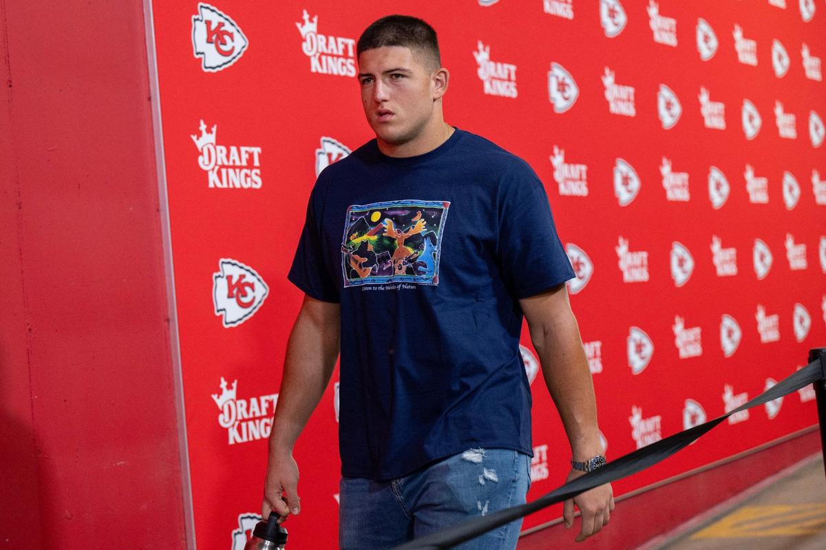 Kansas City Chiefs defensive end George Karlaftis walks down the tunnel before a game on Saturday against the Detroit Lions.