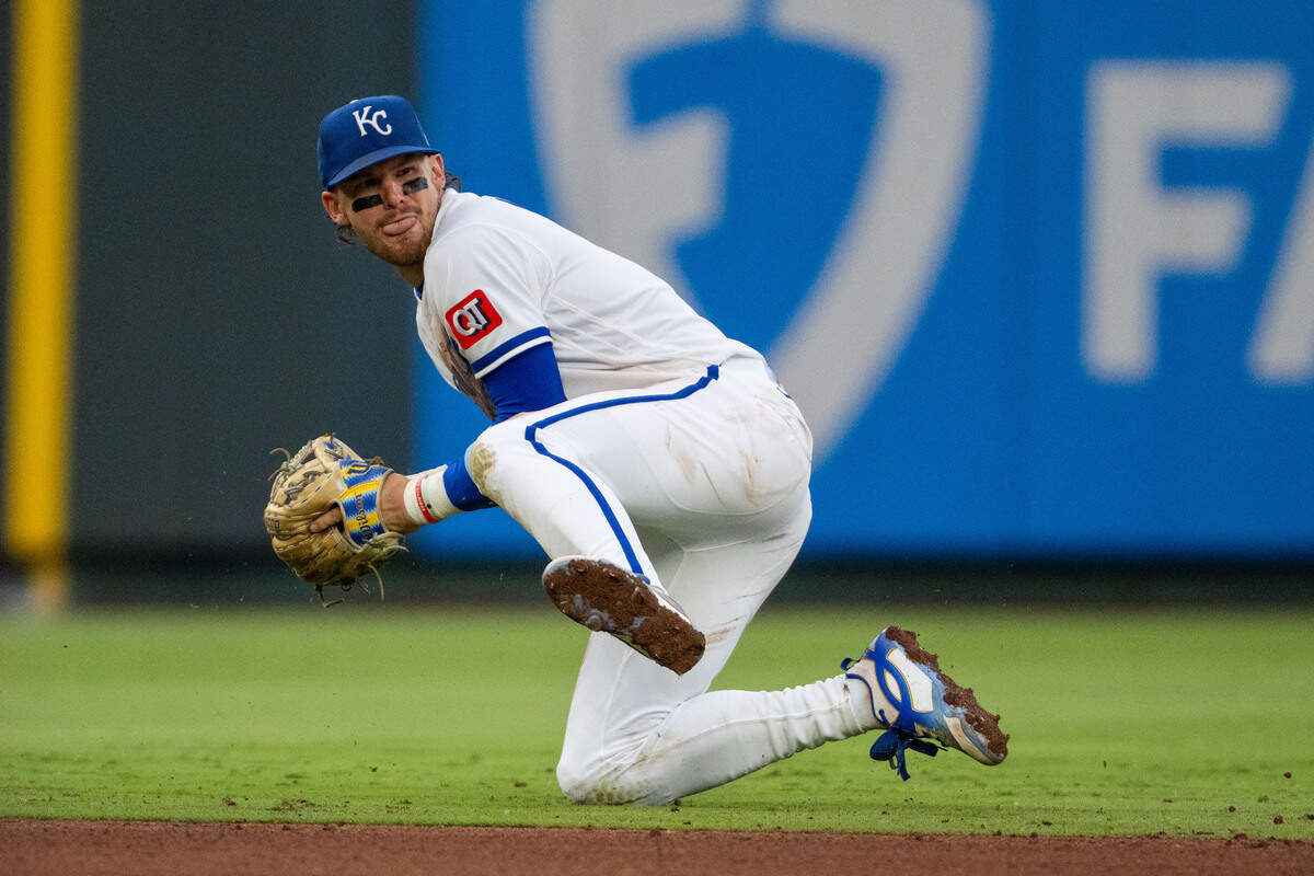Shortstop Bobby Witt Jr. fields a ground ball on his knees during the Royals’ 14-6 win against the St. Louis Cardinals at Kauffman Stadium in Kansas City on Thursday, June 18, 2026.