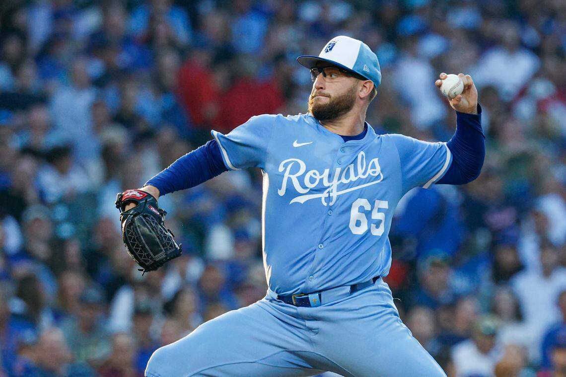 Kansas City Royals starter Noah Cameron delivers a pitch against the Cubs during the second inning of a July 21, 2025 Major League Baseball game against the Cubs at Wrigley Field in Chicago.