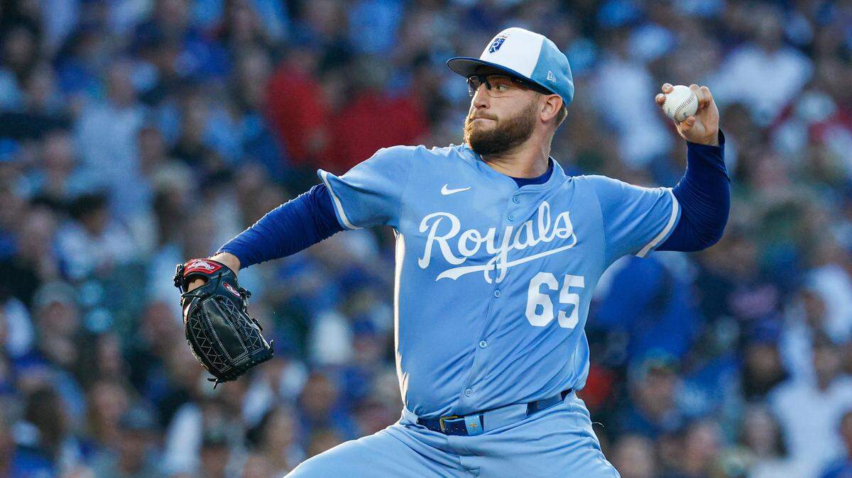 Kansas City Royals starter Noah Cameron delivers a pitch against the Cubs during the second inning of a July 21, 2025 Major League Baseball game against the Cubs at Wrigley Field in Chicago.