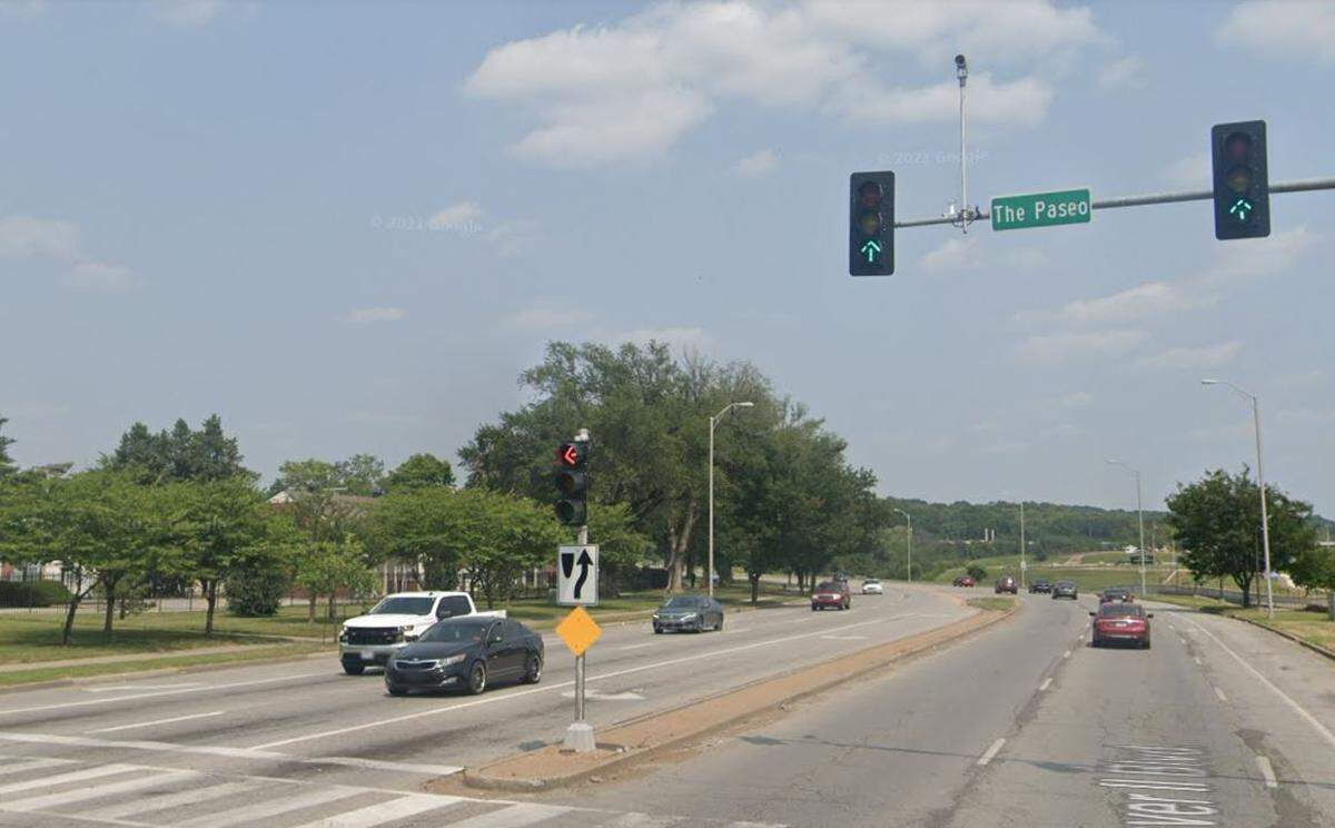 A pedestrian was hospitalized after they were struck by a vehicle in a hit-and-run crash Saturday, April 16, 2022, in Kansas City near The Paseo and Emanuel Cleaver II Boulevard. A Google Maps street view image from August 2021 shows the general area.
