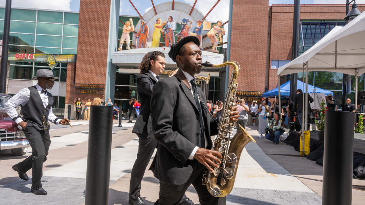 Ernest Melton played the saxophone at the reopening of the pedestrian mall in the 18th & Vine Jazz District on May 27.
