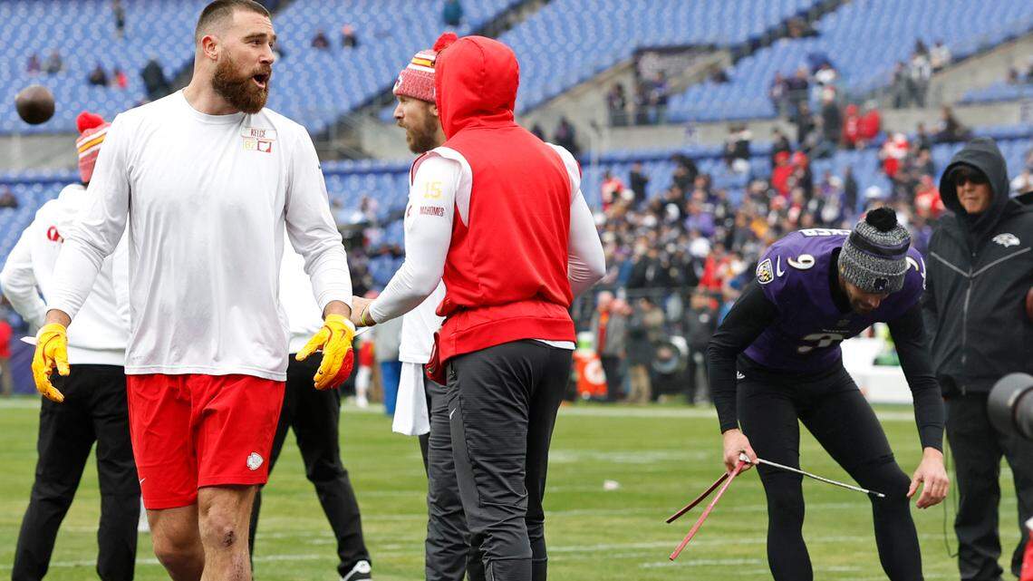 Kansas City Chiefs tight end Travis Kelce yelled at Baltimore Ravens kicker Justin Tucker (9) prior to the AFC Championship football game at M&T Bank Stadium.