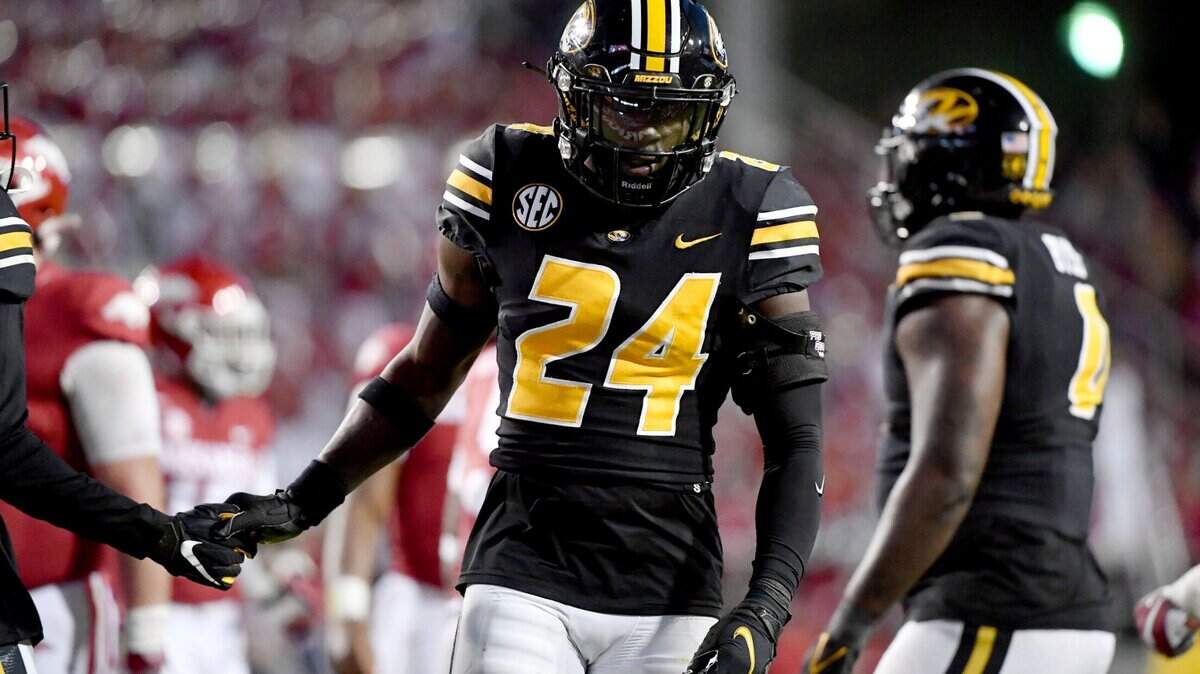 Missouri defensive back Allie Green IV (24) against Arkansas during an NCAA college football game Friday, Nov. 26, 2021, in Fayetteville, Ark. (AP Photo/Michael Woods)