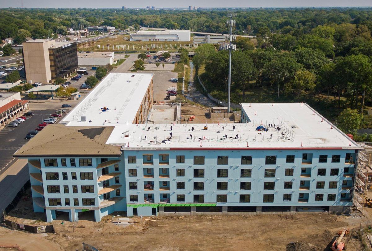 Construction at The Residence on Rock Creek, which will soon be re-branded as The Lanes at Mission Bowl, continues at the site of the former Mission Bowl, which was destroyed by fire in 2015, in Mission, Kansas.