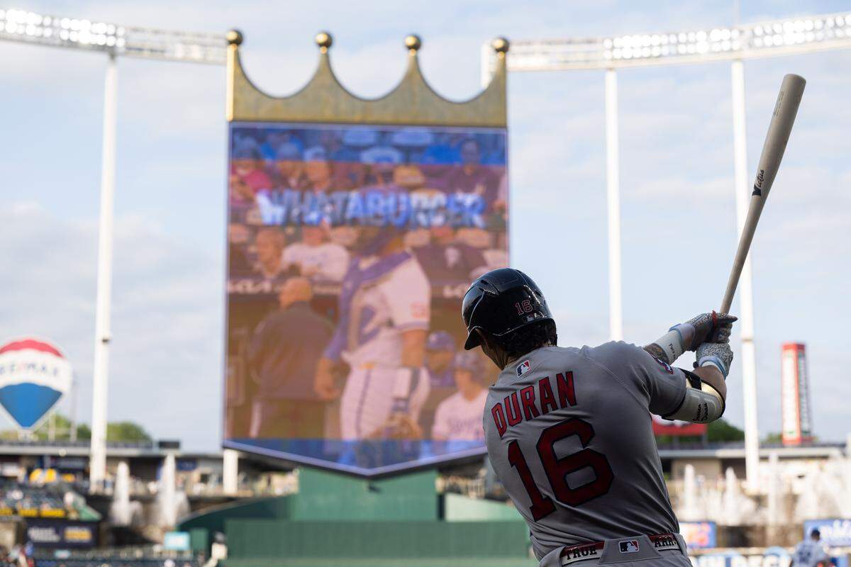 Boston Red Sox left fielder Jarren Duran takes a few practice swings before stepping to the plate against the Royals during a game on Wednesday, May 20, 2026, at Kauffman Stadium.