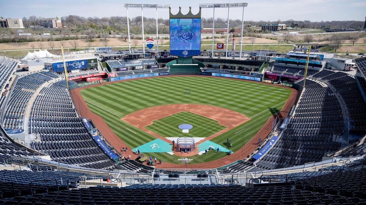 The field at Kauffman Stadium is readied Wednesday for the Kansas City Royals’ opening day game to be played Thursday against the Minnesota Twins.