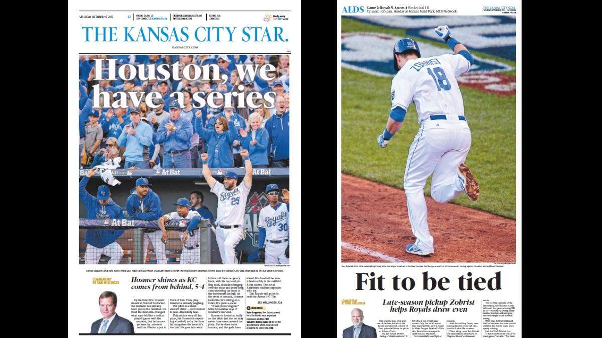 The front page of The Kansas City Star and the sports section the day after the Royals beat the Astros in Game 2 of the American League Division Series on Oct. 9, 2015.