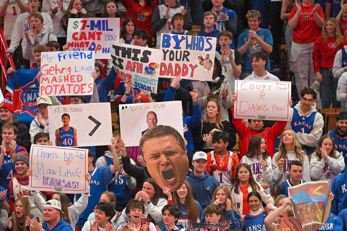 Kansas fans hold up signs in Allen Fieldhouse as it hosts ESPN's College GameDay ahead KU's highly anticipated matchup vs. BYU on Saturday, Jan. 31, 2026.