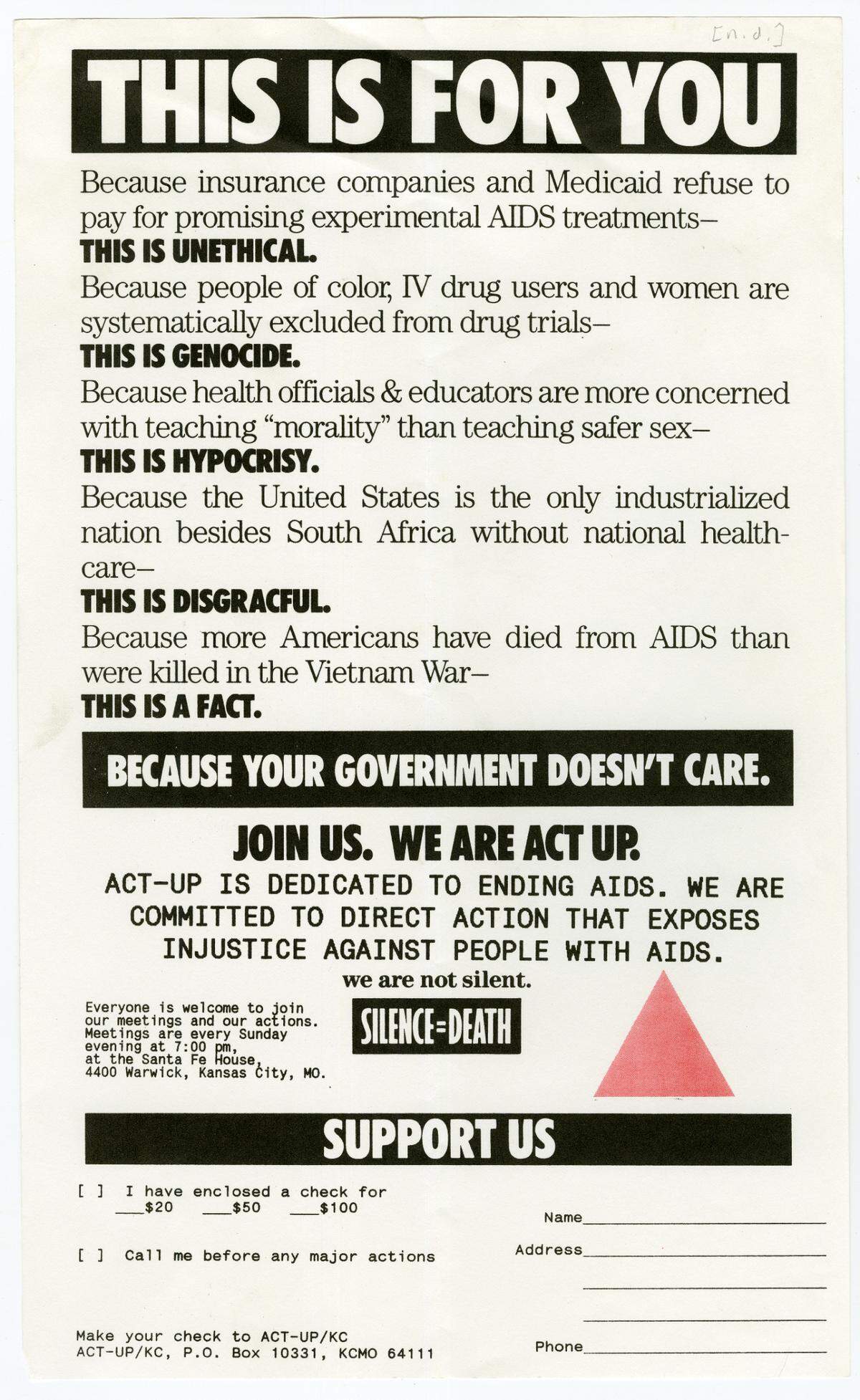 Flyer outlining ACT UP/KC’s core beliefs and calling for new members and financial support.