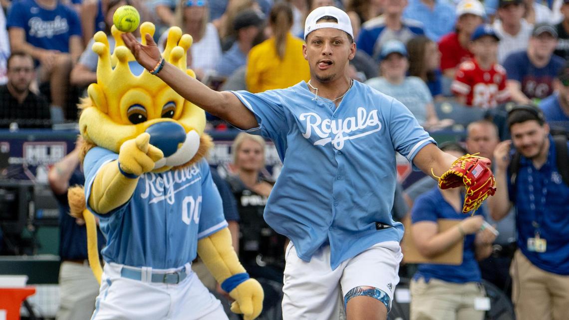 Kansas City Chiefs quarterback Patrick Mahomes throws the ball to first base during the Big Slick celebrity softball game at Kauffman Stadium on Friday, June 2, 2023, in Kansas City.