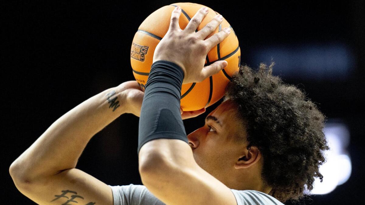 Kansas forward Jalen Wilson (10) shoots during a team shoot around a day ahead of Kansas’ first round game against Howard in the NCAA college basketball tournament Wednesday, March 15, 2023, in Des Moines, Iowa.