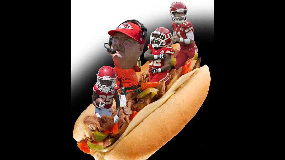 Former KC Star graphic artist Dave Eames made this funny little illustration in 2013, the first time Andy Reid, by then coaching the Chiefs, made a return trip to Philly to coach against his old team, the Eagles. Check out the Chiefs’ leading cast members then, perched in a pile of meat and peppers with an admittedly goofy “PHILLY CHIEFS-STEAK” headline: besides Reid, there’s Alex Smith, Jamaal Charles and Dontari Poe. Man, were those were different times.