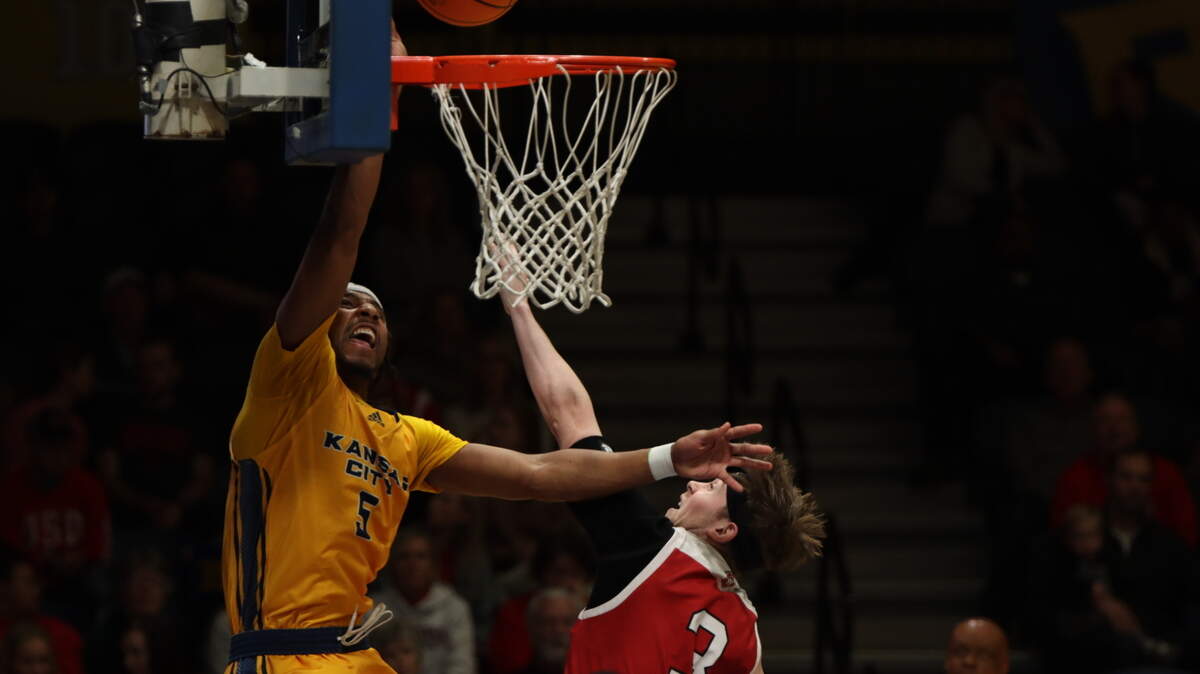 KC Roos guard Shemarri Allen attempts a dunk during a 17-point win over South Dakota.
