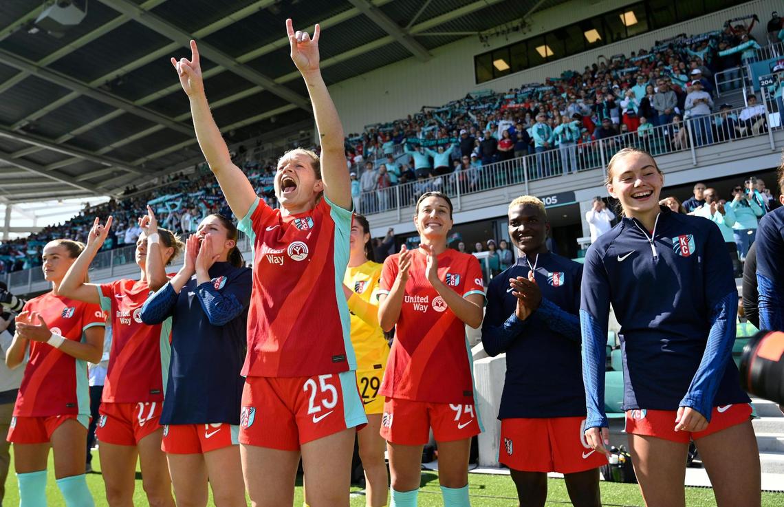 Kansas City Current forward Kristen Hamilton (25) cheers during opening festivities for the new CPKC Stadium on Saturday, March 16, 2024, in Kansas City.