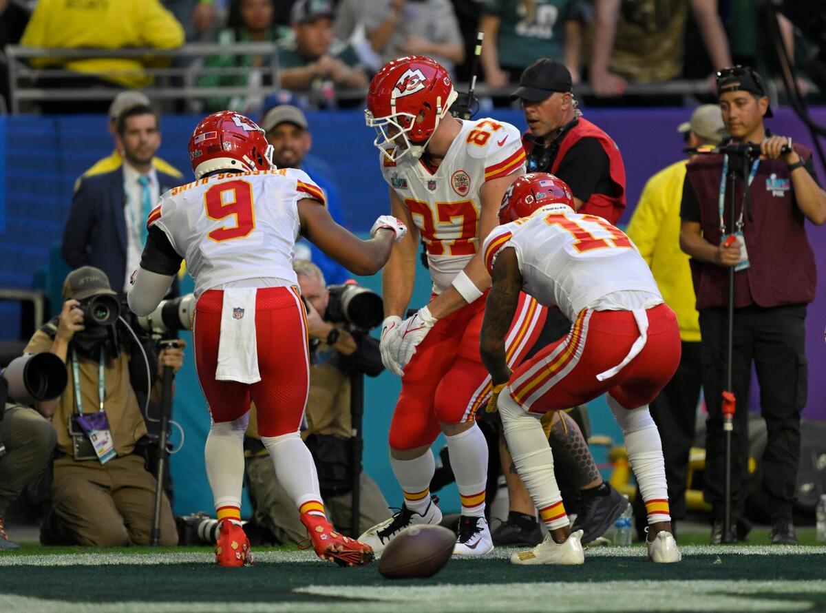 Chiefs Travis Kelce celebrates a touchdown during the first half of Super Bowl LVII between the Kansas City Chiefs and the Philadelphia Eagles on Sunday, Feb. 12, 2023, at State Farm Stadium in Glendale, Arizona.