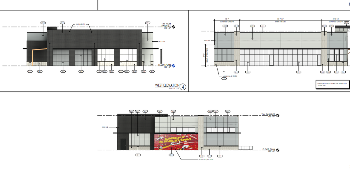 Drake Development submitted renderings for the proposed restaurant buildings at Merriam Grand Station.