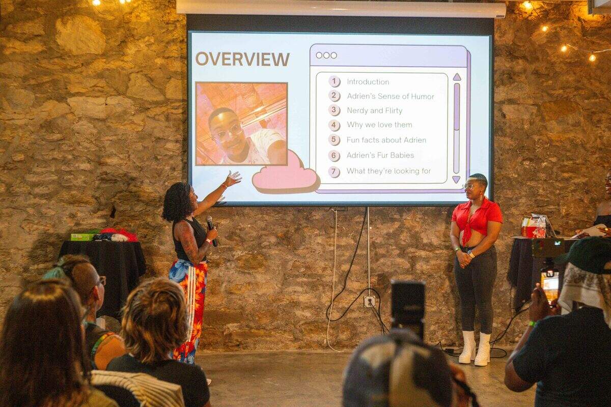 Taylor Watts pitches her friend, Adrien Townsend, to a room full of potential suitors at “Where To Find Us”, an event that invites friends to ‘pitch’ their friends to potential romantic and platonic partners in front of an audience.