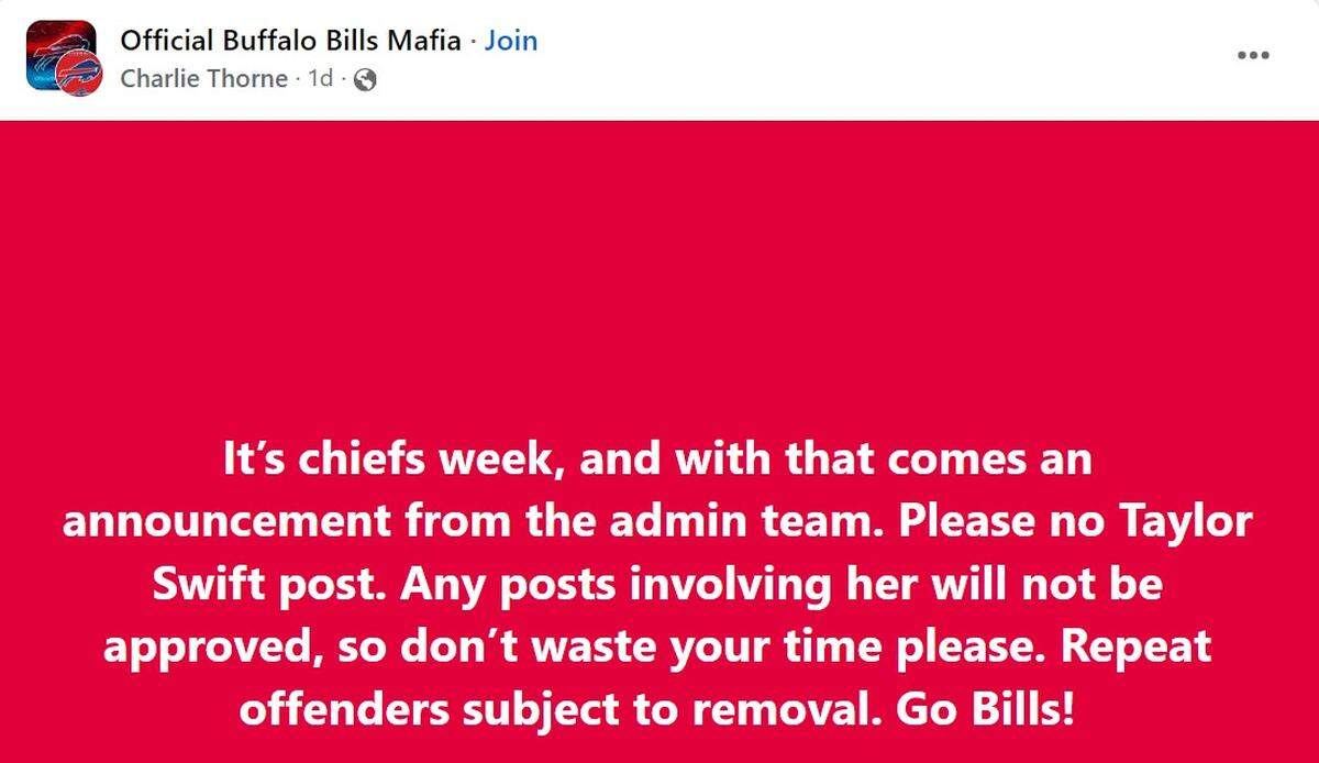 This Bills Mafia Facebook page warned fans not to bring up Taylor Swift.