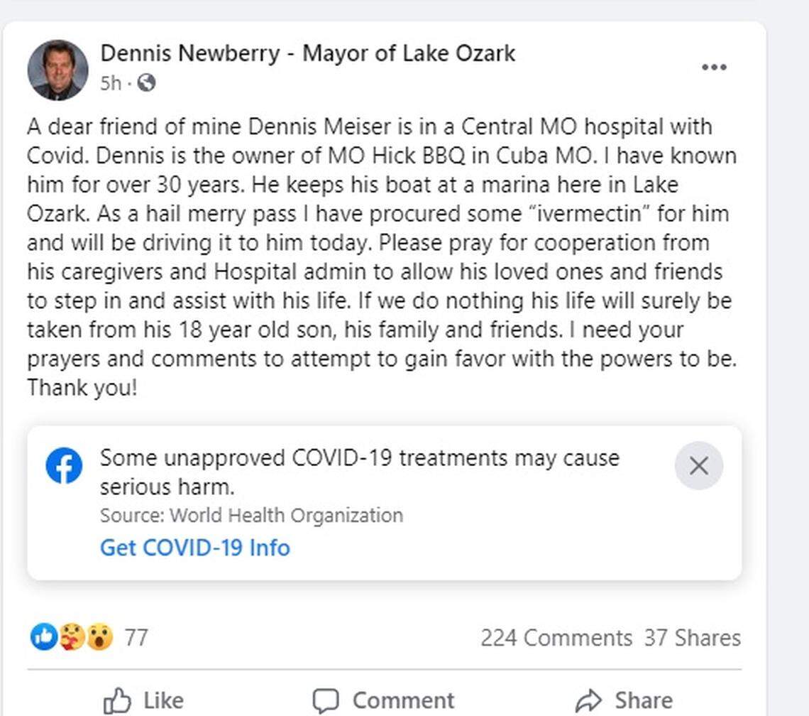 Lake Ozark Mayor Dennis Newberry said in a recent Facebook post that he planned to take and administer the controversial anti-parasite drug ivermectin to his friend in the hospital, where he’s battling COVID-19. Kansas health officials and others have warned people about using the animal dewormer to treat COVID-19.