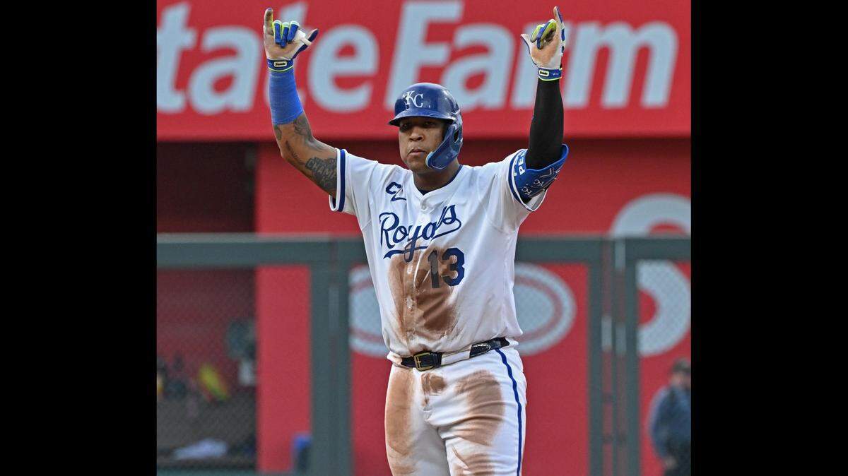 Royals captain Salvador Perez was all business (and looking the part) after belting his fourth double of a Major League Baseball doubleheader against the Colorado Rockies at Kauffman Stadium in Kansas City on Thursday, April 24, 2025.