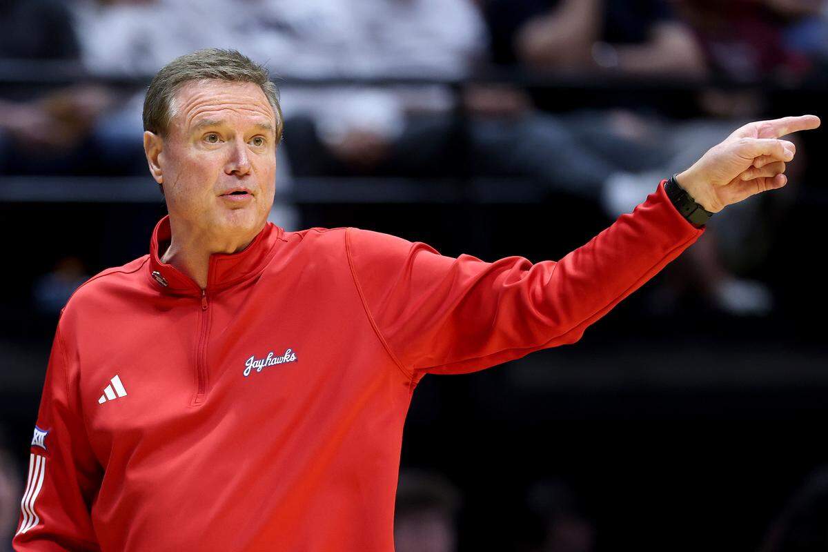 Head coach Bill Self of the Kansas Jayhawks gestures during the first half against the California Baptist Lancers in the first round of the 2026 NCAA Men's Basketball Tournament at Viejas Arena at San Diego State University on March 20, 2026 in San Diego.