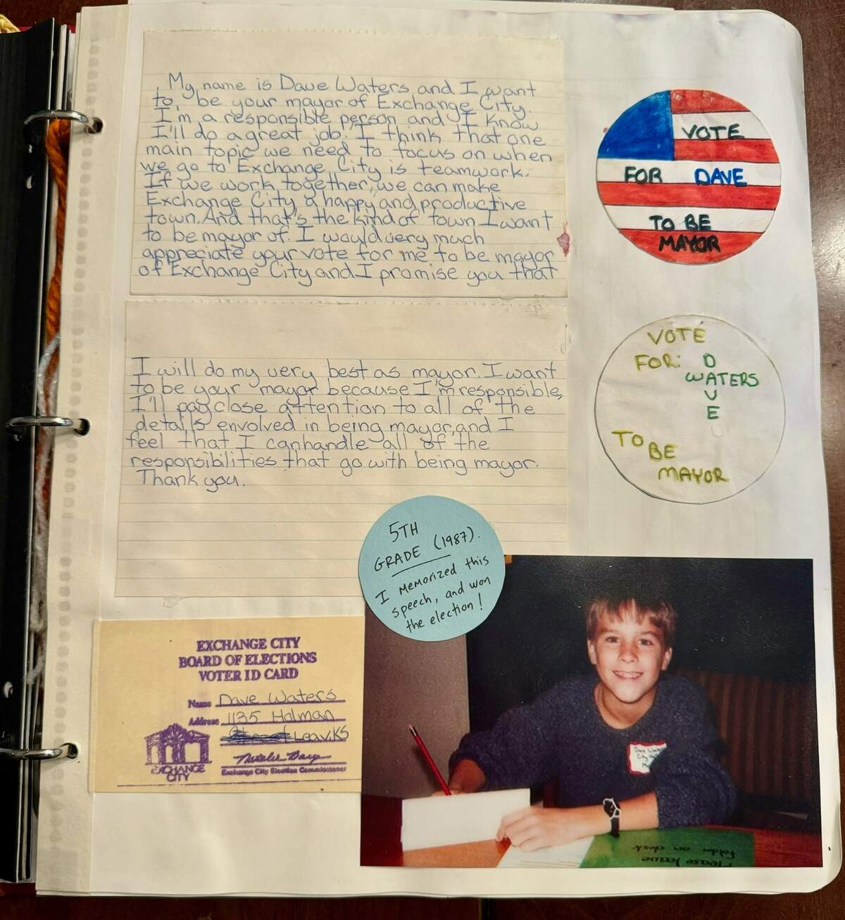 Westwood Mayor David Waters shared memorabilia from his first mayoral run in 1987, at Exchange City. The scrapbook page includes Waters’ campaign speech, voter ID card and photo of him in fifth grade.