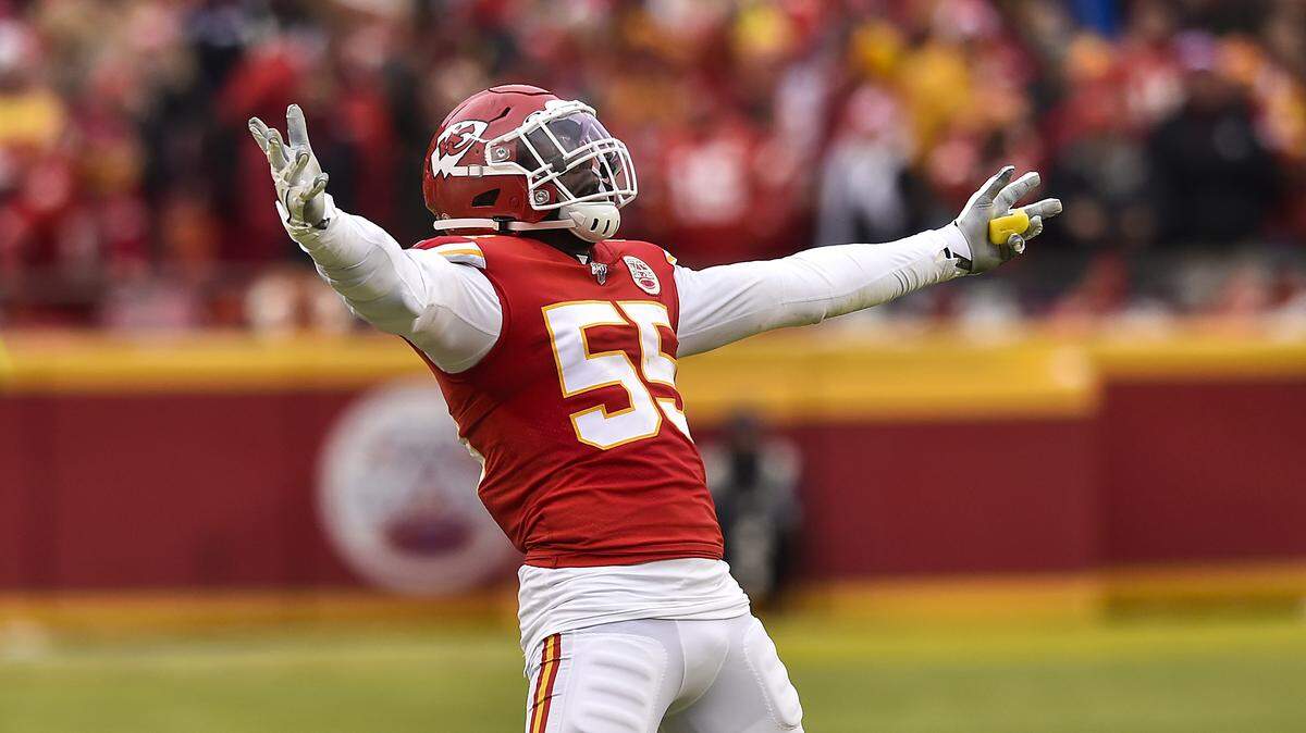 Kansas City Chiefs defensive end Frank Clark was fired up after the Chiefs recovered a fumble by the Houston Texans in the second quarter Sunday, January 12, 2020, at Arrowhead Stadium in Kansas City, Missouri.