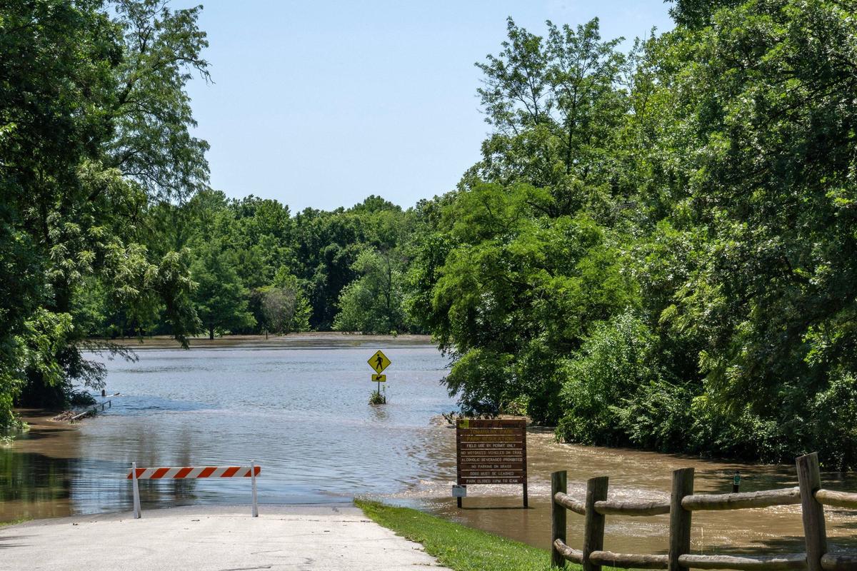 Tamahawk Park in Leawood is seen flooded after heavy rains caused flash flooding in the Kansas City metro area.
