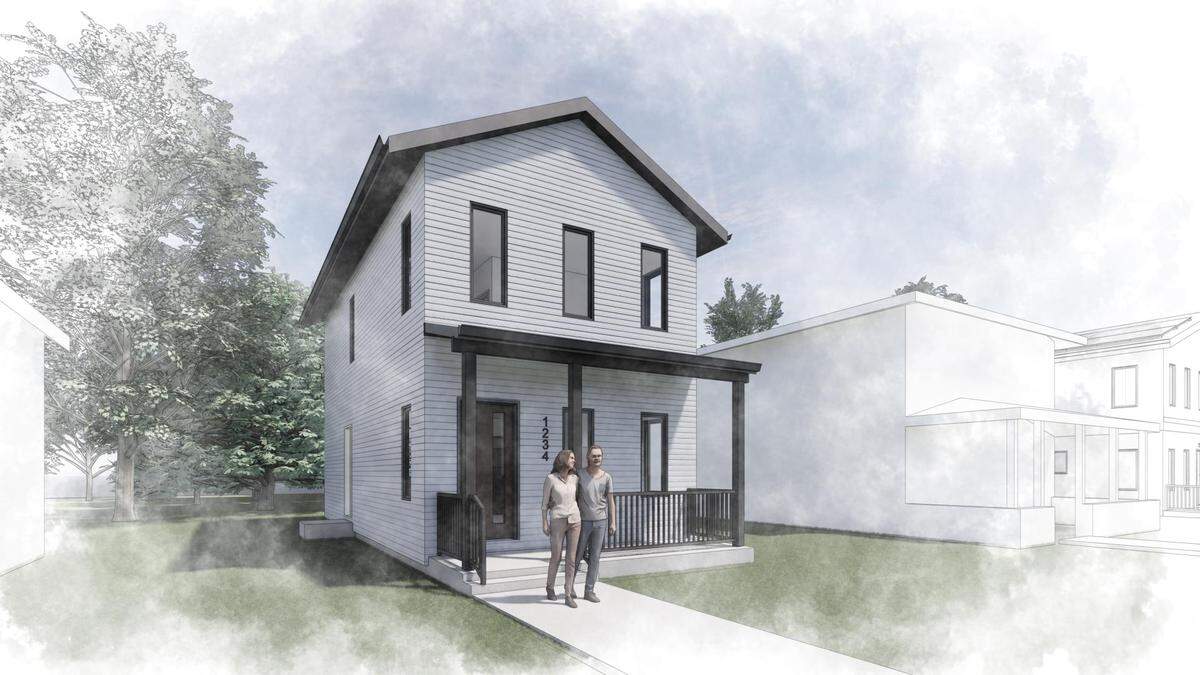 A rendering of a pre-approved two-story house design in Kansas City.