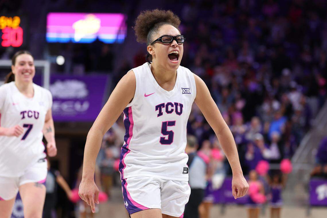 Olivia Miles of the TCU Horned Frogs reacts after scoring during the fourth quarter against the Iowa State Cyclones at Schollmaier Arena on Feb. 22 in Fort Worth, Texas. 