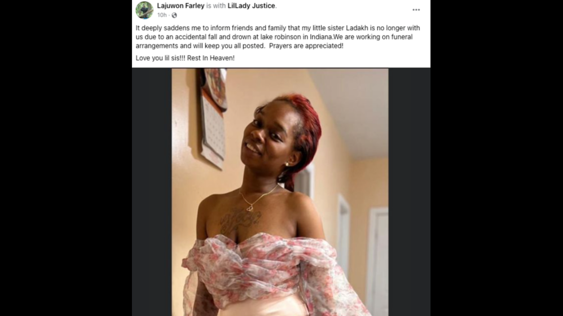 Ladakh Farley, 30, drowned while swimming in Robinson Lake in Indiana, cops say.