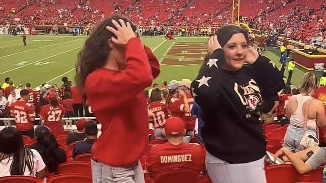 Two Taylor Swift fans joined other Chiefs fans at GEHA Field at Arrowhead Stadium doing the viral “The Fate of Ophelia” dance on Sunday.