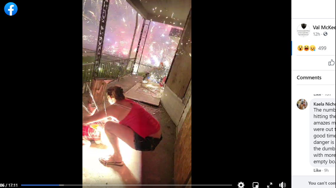 A firework, or piece of shrapnel from a firework, flies toward a young girl’s face.