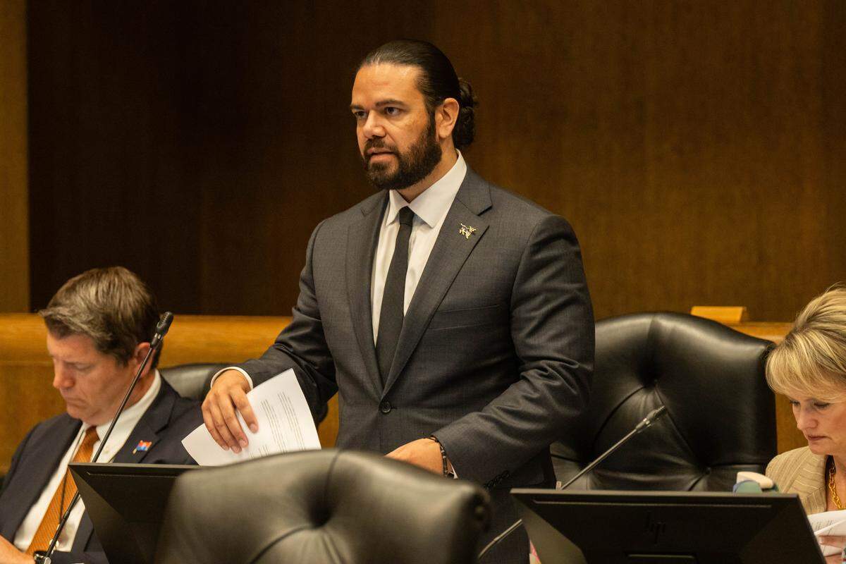 Councilman Jonathan Duncan speaks during a City Council meeting where it held a vote on the potential relocation of the Kansas City Royals baseball stadium to the downtown area, on Thursday, April 16, 2026.