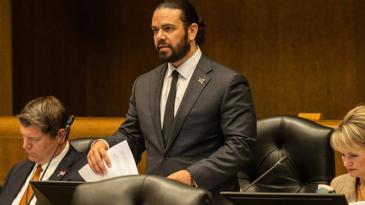 Councilman Jonathan Duncan speaks during a City Council meeting where they held a vote on the potential relocation of the Kansas City Royals baseball stadium to the downtown area, on Thursday, April 16, 2026.