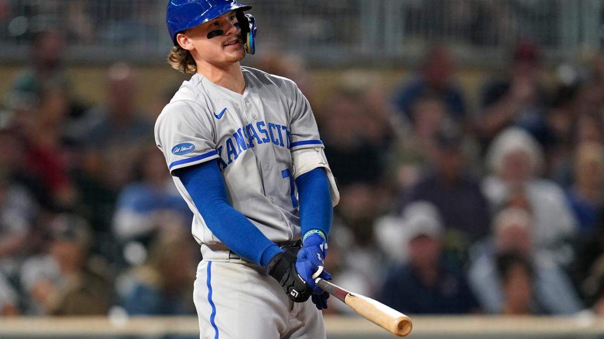 Kansas City Royals’ Bobby Witt Jr. reacts after striking out during the seventh inning of the team’s baseball game against the Minnesota Twins, Tuesday, Sept. 13, 2022, in Minneapolis. (AP Photo/Abbie Parr)