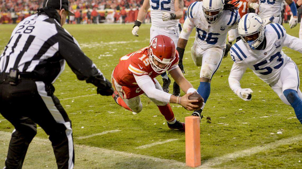 Kansas City Chiefs quarterback Patrick Mahomes made a dive for the end zone to score a touchdown late in the second quarter against the Indianapolis Colts during Saturday’s football game on January 12, 2019 at Arrowhead Stadium in Kansas City, Mo.
