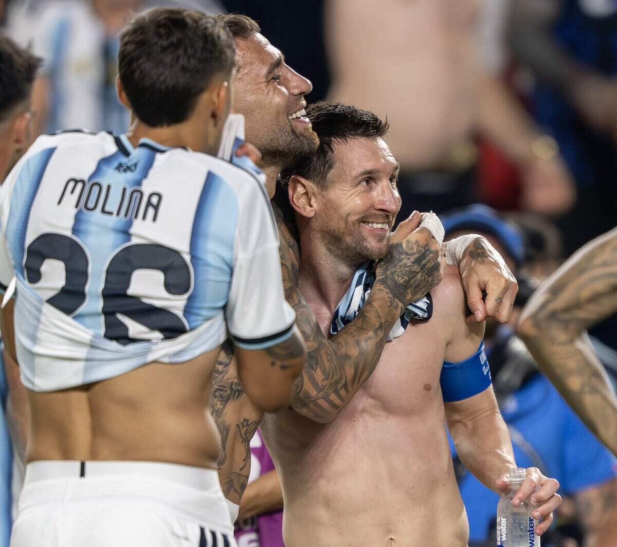 Argentina forward Lionel Messi (10) celebrates with teammates after Argentina's 3-1 overtime win over Switzerland in the FIFA World Cup quarterfinal at Kansas City (Arrowhead) Stadium on Saturday, July 11, 2026.