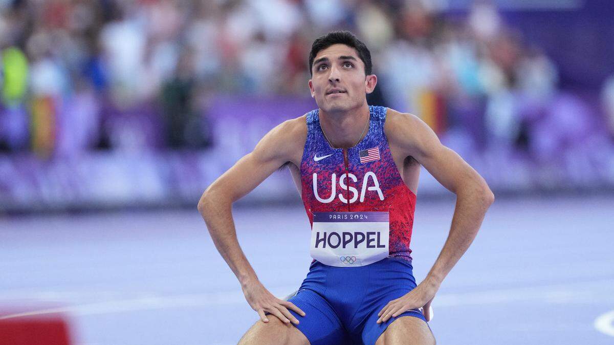 Bryce Hoppel (USA) reacts after running in the men’s 800m final during the Paris 2024 Olympic Summer Games at Stade de France on Aug. 10, 2024.