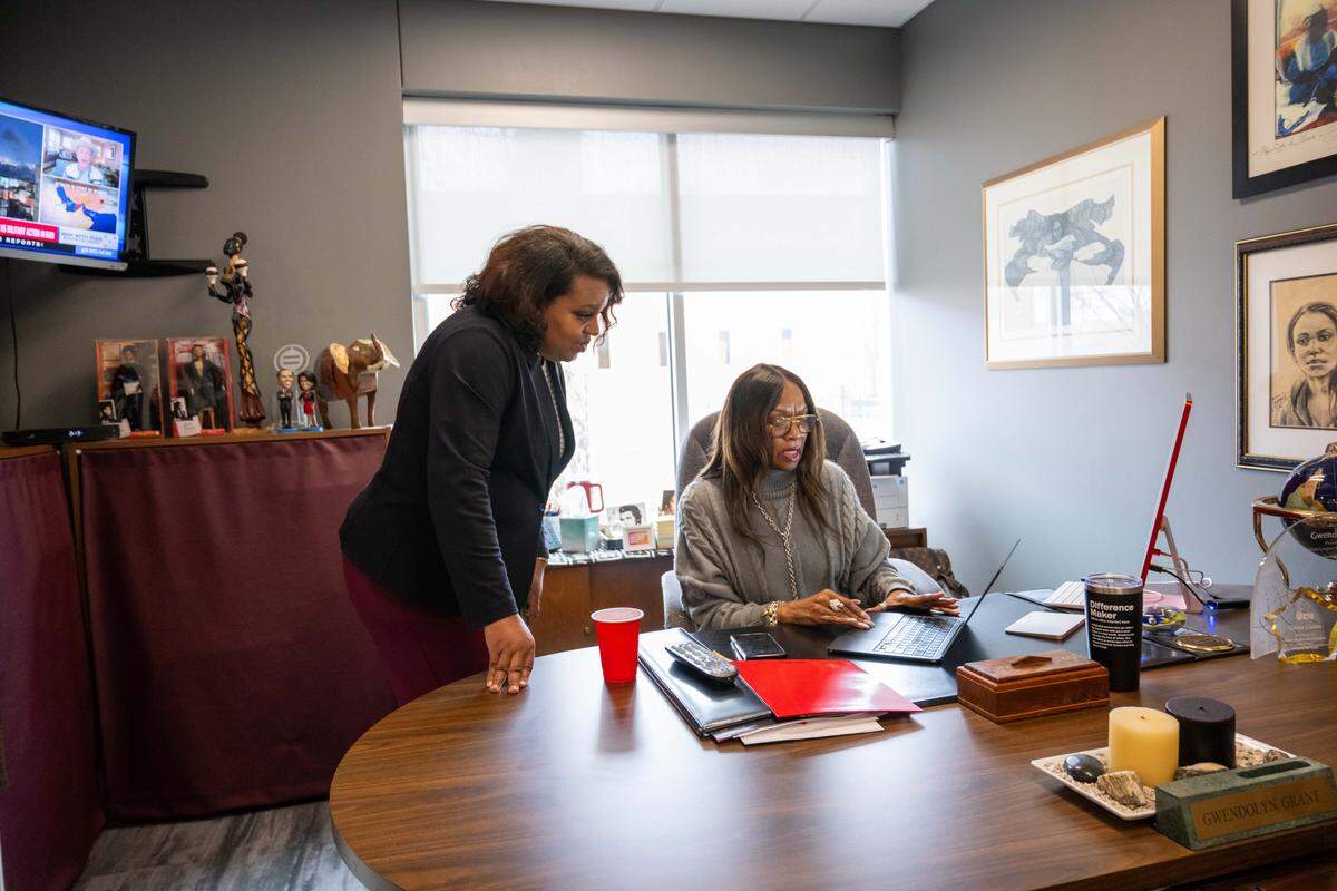 President and CEO of Urban League of Greater Kansas City Gwendolyn Grant, speaks with Councilwoman Melissa Robinson in her office on Wednesday, March 11, 2026, in Kansas City. Grant, who is the first female CEO in the history of the organization, has won numerous awards for her service in Kansas City.